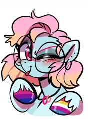 Size: 1240x1754 | Tagged: safe, artist:jully-park, oc, oc only, oc:charlotte parker, earth pony, pony, bigender pride flag, bisexual pride flag, hoof polish, one eye closed, pride, pride flag, simple background, solo, white background, wink