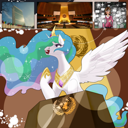 Size: 2400x2400 | Tagged: safe, artist:sanyo2100, part of a set, princess celestia, oc, alicorn, human, pony, g4, blushing, crown, eyeshadow, female, high res, hoof shoes, interspecies, jewelry, makeup, mare, news, open mouth, peytral, press, princess shoes, regalia, reporter, spread wings, united nations, wings