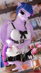 Size: 2160x3840 | Tagged: safe, alternate character, alternate version, artist:loveslove, twilight sparkle, alicorn, anthro, g4, 3d, book, breasts, busty twilight sparkle, clothes, commission, cup, female, flower, folded wings, food, high res, horn, looking at you, maid, maidlight sparkle, nail polish, smiling, smiling at you, solo, tea, teacup, teapot, twilight sparkle (alicorn), wings, ych result