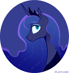 Size: 858x901 | Tagged: safe, artist:waffletheheadmare, princess luna, alicorn, blue background, blue eyes, blue mane, bust, crown, eyeshadow, horn, jewelry, makeup, portrait, regalia, simple background, smiling, tiara