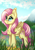 Size: 2894x4093 | Tagged: safe, artist:julunis14, fluttershy, pegasus, pony, g4, chest fluff, cloud, cute, ear fluff, female, flower, folded wings, grass, high res, leg fluff, looking up, mare, mountain, outdoors, redraw, shyabetes, sky, smiling, solo, wings