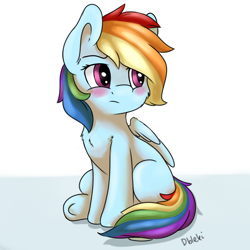 Size: 3200x3200 | Tagged: safe, alternate version, artist:dbleki, rainbow dash, pegasus, pony, g4, blushing, chest fluff, cute, dashabetes, female, folded wings, mare, simple background, sitting, solo, tail, white background, wings