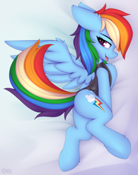 Size: 1157x1469 | Tagged: safe, artist:omi, rainbow dash, pegasus, pony, g4, bed, bed sheets, butt, clothes, female, lingerie, looking at you, mare, on bed, one-piece swimsuit, open mouth, open smile, plot, smiling, smiling at you, solo, spread wings, swimsuit, tail, wings