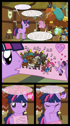 Size: 1280x2300 | Tagged: safe, artist:bigsnusnu, pinkie pie, prince rutherford, twilight sparkle, earth pony, unicorn, yak, comic:dusk shine in pursuit of happiness, book, chest, diamond, drawing, dusk shine, facehoof, globe, guilty, heart, horn, musical instrument, quill, rule 63, shield, stool, telescope, vase, yovidaphone