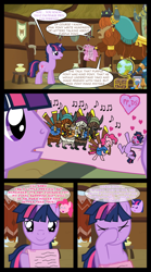 Size: 1280x2300 | Tagged: safe, artist:bigsnusnu, pinkie pie, prince rutherford, twilight sparkle, earth pony, unicorn, yak, comic:dusk shine in pursuit of happiness, g4, book, chest, diamond, drawing, dusk shine, facehoof, globe, guilty, heart, horn, musical instrument, quill, rule 63, shield, stool, telescope, vase, yovidaphone