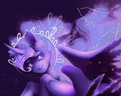 Size: 1526x1208 | Tagged: safe, artist:ipoloarts, princess luna, alicorn, pony, g4, commission, commissioner:shaddar, flowing mane, halo, smiling, solo, spread wings, wings