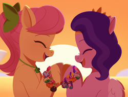 Size: 3577x2733 | Tagged: safe, artist:maren, pipp petals, posey bloom, earth pony, pegasus, pony, g5, my little pony: tell your tale, p + p = bffs, spoiler:g5, spoiler:my little pony: tell your tale, spoiler:tyts02e13, bow, bracelet, crown, duo, duo female, eyes closed, female, friendship bracelet, hair bow, jewelry, necklace, open mouth, ponytail, regalia, sunset, unshorn fetlocks