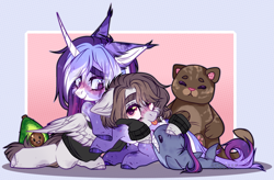 Size: 2463x1612 | Tagged: safe, artist:suggi_doggi_owo, oc, oc only, oc:estel moonborn, pony, unicorn, abstract background, duo, duo female, female, horn, plushie