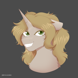 Size: 4134x4134 | Tagged: safe, artist:jjsh, oc, oc only, pony, unicorn, absurd resolution, bust, female, gray background, green eyes, horn, looking at you, mare, portrait, simple background, smiling, smiling at you, solo, teeth