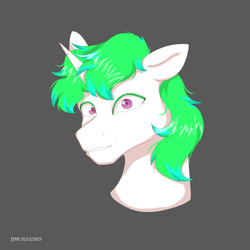 Size: 4134x4134 | Tagged: safe, artist:jjsh, oc, oc only, oc:lightning twinkle, pony, unicorn, bust, embarrassed, gray background, high res, horn, looking at you, male, portrait, simple background, smiling, smiling at you, solo, stallion, teeth