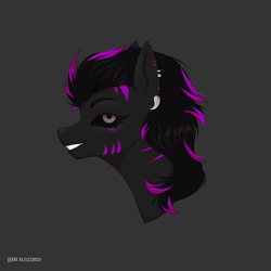 Size: 4134x4134 | Tagged: safe, artist:jjsh, oc, oc only, pony, absurd resolution, black sclera, bust, ear piercing, female, gray background, looking at you, mare, piercing, portrait, simple background, smiling, smiling at you, solo, teeth