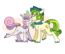 Size: 1200x1000 | Tagged: safe, artist:lesbian-sunshim, pistachio, sweetie belle, earth pony, unicorn, alternate cutie mark, bandana, blushing, bow, cloven hooves, cowboy hat, duo, duo male and female, eyes closed, female, hat, horn, kissing, magic, magic aura, male, mare, raised hoof, ship:sweetiestachio, shipping, simple background, stallion, straight, tail, tail bow, white background