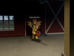 Size: 957x722 | Tagged: safe, fluttershy, pegasus, pony, .mov, shed.mov, g4, 3d, barn, chainsaw, female, game screencap, long legs, murdershy, roblox, solo, speech bubble, stay out of my shed, tree, twisted (game), window
