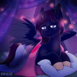 Size: 2000x2000 | Tagged: safe, alternate character, alternate version, artist:erein, oc, oc only, alicorn, pony, bedroom, bisexual, bisexual pride flag, commission, ears up, flag, garland, gay pride flag, high res, horn, indoors, lgbt, looking at you, night, pillow, pride, pride flag, pride month, room, smiling, smiling at you, solo, spread wings, string lights, wings, ych result