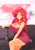 Size: 1400x2000 | Tagged: safe, artist:sozglitch, sunset shimmer, human, g4, big breasts, breasts, busty sunset shimmer, cleavage, clothes, couch, dialogue, dress, ear piercing, female, huge breasts, humanized, looking at you, piercing, sitting, smiling, smiling at you, solo, speech bubble, text