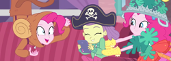 Size: 3001x1080 | Tagged: safe, composite screencap, edit, edited screencap, screencap, lily pad (g4), pinkie pie, human, equestria girls, g4, my little pony equestria girls: better together, pinkie sitting, animal costume, clothes, costume, hat, pirate hat, self paradox, tablet, tickling