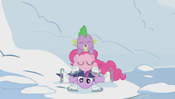 Size: 1920x1080 | Tagged: safe, screencap, pinkie pie, spike, twilight sparkle, dragon, earth pony, pony, unicorn, g4, winter wrap up, animated, female, gif, horn, ice skates, loop, male, mare, out of context, skates, snow, thrusting, trio