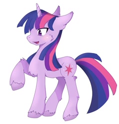Size: 1019x1068 | Tagged: safe, artist:lipona, twilight sparkle, g4, anime, blue hair, blushing, confused, cute, ears back, female, filly, foal, horn, profile, purple streak, raised hoof, simple background, smiling, solo, stars, white background