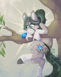 Size: 2000x2500 | Tagged: safe, artist:lionbun, oc, oc only, oc:june blooms, beetle, earth pony, insect, climbing, cute, earth pony oc, excited, female, hang in there, hanging, happy, holding on, mare, solo, tree, tree branch