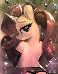Size: 1181x1499 | Tagged: safe, artist:darksly, rarity, pony, unicorn, g4, back, body pillow, butt, clothes, cropped, detective, detective rarity, dock, female, horn, human shoulders, implied butt, lingerie, looking back, mare, plot, solo, stockings, sultry pose, tail, thigh highs