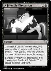 Size: 375x523 | Tagged: safe, edit, engoulevent, rainbow dash, g4, sparkle's seven, bartender, bowler hat, ccg, hat, investigator dash, magic the gathering, monochrome, scar, trading card, trading card edit, trading card game