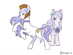 Size: 1739x1304 | Tagged: safe, artist:muta_a, earth pony, pony, unicorn, anime, crossover, duo, gold ship, horn, mejiro mcqueen, simple background, uma musume pretty derby, white background