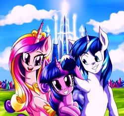 Size: 2320x2158 | Tagged: source needed, safe, artist:rafastary, princess cadance, shining armor, twilight sparkle, alicorn, pony, unicorn, g4, brother and sister, crystal empire, female, horn, male, mare, one ear down, siblings, stallion, trio, unicorn twilight