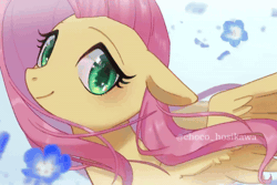Size: 600x400 | Tagged: safe, artist:hosikawa, fluttershy, pegasus, pony, g4, animated, blinking, cute, female, gif, looking at you, petals, shyabetes, simple background, smiling, smiling at you, solo