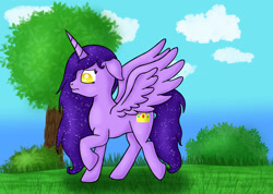 Size: 1030x733 | Tagged: safe, artist:seiratempest, oc, oc only, oc:princess seira, alicorn, pony, alicorn oc, atg 2024, digital art, drawing, female, floppy ears, horn, mare, nature, newbie artist training grounds, purple mane, raised hoof, solo, spread wings, walking, wings, yellow eyes