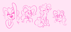Size: 1755x805 | Tagged: safe, artist:blex, pinkie pie, earth pony, pony, g4, blushing, cheering, chest fluff, cute, diapinkes, doodle, ear blush, eyes closed, female, mare, monochrome, pink background, simple background, sitting, smiling, tongue out