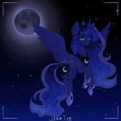 Size: 1400x1400 | Tagged: safe, artist:lunashuu, princess luna, alicorn, pony, g4, blue eyes, blue mane, blue tail, crown, digital art, ethereal mane, ethereal tail, feather, female, flowing mane, flowing tail, flying, gem, glowing, hoof shoes, horn, jewelry, looking at you, mare, moon, moonlight, night, peytral, princess shoes, redraw, regalia, signature, sky, solo, sparkles, spread wings, starry mane, starry tail, stars, tail, wings