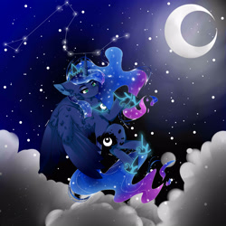 Size: 2500x2500 | Tagged: safe, artist:lunashuu, princess luna, alicorn, pony, g4, blue eyes, blue mane, blue tail, cloud, constellation, crescent moon, crown, digital art, ethereal mane, ethereal tail, eyeshadow, feather, female, flowing mane, flowing tail, flying, gem, glowing, hoof shoes, horn, jewelry, lidded eyes, looking at you, makeup, mare, moon, moonlight, night, peytral, princess shoes, redraw, regalia, signature, sky, solo, sparkles, spread wings, starry mane, starry tail, stars, tail, wings