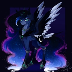Size: 1100x1100 | Tagged: safe, artist:lunashuu, princess luna, alicorn, pony, g4, blue background, blue eyes, blue mane, blue tail, colored wings, crown, digital art, ear fluff, ethereal mane, ethereal tail, eyelashes, eyeshadow, feather, female, flowing mane, flowing tail, gem, glowing, hoof shoes, horn, jewelry, lidded eyes, looking at you, makeup, mare, moon, moonlight, night, peytral, princess shoes, redraw, regalia, signature, simple background, solo, sparkles, spread wings, starry mane, starry tail, stars, tail, two toned wings, wings
