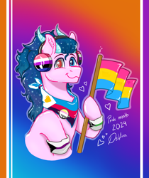 Size: 2757x3275 | Tagged: safe, artist:delfinaluther, oc, oc only, pegasus, pony, blue hair, bracelet, demiromantic pride flag, demisexual pride flag, flag, genderfluid, genderfluid pride flag, headphones, jewelry, pansexual pride flag, pin, pink skin, polyamorous pride flag, ponysona, pride, pride flag, pride month, queer, queerplatonic pride flag, scar, shawl, solo