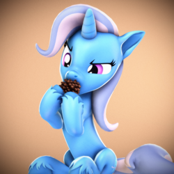 Size: 2160x2160 | Tagged: safe, artist:psfmer, trixie, pony, unicorn, g4, 3d, cute, diatrixes, female, gradient background, hoof hold, horn, mare, pinecone, simple background, solo, source filmmaker, tan background, trixie eating pinecones, unshorn fetlocks