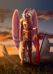 Size: 2500x3500 | Tagged: safe, artist:anastas, oc, oc only, oc:sindy silence, pegasus, pony, undead, vampire, anthro, armor, cloud, commission, countershading, detailed, detailed background, flag, flag pole, grass, solo, spread wings, sunset, sword, weapon, wings