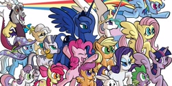 Size: 2500x1250 | Tagged: safe, artist:thom zahler, angel bunny, applejack, fluttershy, mayor mare, pinkie pie, princess celestia, princess luna, rainbow dash, rarity, spike, trixie, twilight sparkle, alicorn, draconequus, dragon, earth pony, pegasus, rabbit, unicorn, zebra, g4, 2016, animal, applejack's hat, bipedal, cape, clothes, cowboy hat, ear piercing, earring, eyes closed, female, filly, flying, foal, glasses, group, hat, horn, horns, jewelry, lidded eyes, male, mane seven, mane six, mare, neck rings, open mouth, open smile, peytral, piercing, rainbow trail, raised hoof, raised leg, regalia, royal sisters, siblings, sisters, smiling, spread wings, tail, tiara, trixie's cape, trixie's hat, twilight sparkle (alicorn), wings