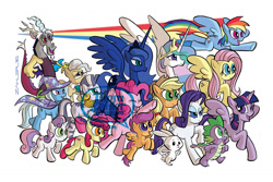 Size: 1296x864 | Tagged: safe, artist:thom zahler, angel bunny, applejack, fluttershy, mayor mare, pinkie pie, princess celestia, princess luna, rainbow dash, rarity, spike, trixie, twilight sparkle, alicorn, draconequus, dragon, earth pony, pegasus, rabbit, unicorn, zebra, g4, 2016, animal, applejack's hat, bipedal, cape, clothes, cowboy hat, ear piercing, earring, eyes closed, female, filly, flying, foal, glasses, group, hat, horn, horns, jewelry, lidded eyes, male, mane seven, mane six, mare, neck rings, open mouth, open smile, peytral, piercing, rainbow trail, raised hoof, raised leg, regalia, royal sisters, siblings, signature, simple background, sisters, smiling, spread wings, tail, tiara, trixie's cape, trixie's hat, twilight sparkle (alicorn), watermark, white background, wings
