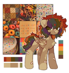 Size: 507x535 | Tagged: safe, artist:flixanoa, oc, oc:froot loop, pegasus, pony, bandaid, bandaid on nose, cereal, food, markings, multicolored hair, nonbinary, rainbow, reference sheet, solo, splotches