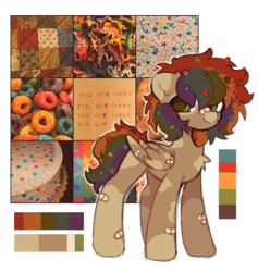 Size: 507x535 | Tagged: safe, artist:flixanoa, oc, oc only, oc:froot loop, pegasus, pony, bandaid, bandaid on nose, cereal, food, markings, multicolored hair, nonbinary, rainbow, reference sheet, solo, splotches