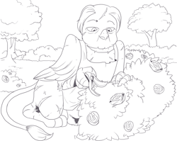 Size: 1729x1378 | Tagged: safe, artist:nauyaco, oc, oc only, griffon, flower, monochrome, pruning, rose, scar, simple background, solo, tree, white background