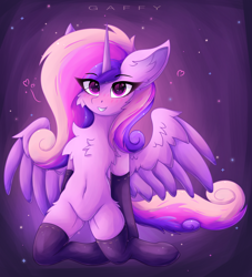 Size: 3000x3300 | Tagged: safe, artist:gaffy, princess cadance, alicorn, pony, g4, belly, belly button, cheek fluff, chest fluff, clothes, ear fluff, eye clipping through hair, eyebrows, eyebrows visible through hair, featureless crotch, female, heart, heart eyes, horn, kneeling, looking at you, mare, partially open wings, sexy, socks, solo, stockings, thigh highs, wingding eyes, wings