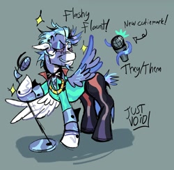 Size: 1332x1302 | Tagged: safe, artist:justvoidsdumbstuff1, oc, oc only, oc:flashy flaunt, pegasus, pony, blaze (coat marking), blue coat, blue eyeshadow, blue mane, blue tail, blue teeth, chin fluff, clothes, coat markings, colored, colored ears, colored muzzle, colored teeth, ears back, eyelashes, eyeshadow, facial markings, gray background, hoof gloves, hoof hold, lidded eyes, looking back, makeup, microphone stand, narrowed eyes, no catchlights, nonbinary, pants, pegasus oc, purple sclera, shiny mane, short mane, short tail, signature, simple background, smiling, solo, sparkles, spread wings, standing, suit, tail, text, wings