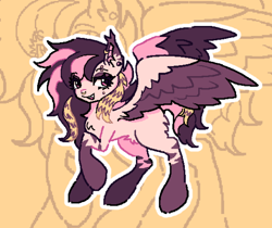 Size: 752x632 | Tagged: safe, artist:junniepiepoopop, oc, oc only, oc:jade, pegasus, pony, butt fluff, cheek piercing, chest fluff, colored eartips, colored pinnae, colored wings, colored wingtips, ear piercing, earring, eye clipping through hair, eyelashes, eyeshadow, fangs, female, gauges, gift art, jewelry, lidded eyes, long mane, looking back, makeup, mare, open mouth, open smile, outline, pegasus oc, piercing, pink coat, pubic fluff, purple eyeshadow, raised hoof, scene, scene hair, septum, smiling, solo, spread wings, standing, stripes, three toned mane, three toned tail, tri-color mane, tri-color tail, tri-colored mane, tri-colored tail, two toned wings, wings, zoom layer