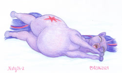 Size: 1200x716 | Tagged: safe, artist:soobel, twilight sparkle, pony, unicorn, g4, atg 2024, fat, female, horn, mare, newbie artist training grounds, obese, solo, stretching, traditional art, twilard sparkle, unicorn twilight, yawn