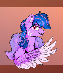 Size: 1215x1411 | Tagged: safe, artist:nazalik, oc, oc only, oc:zeldo, pegasus, pony, digital art, ear fluff, fangs, fluffy, fluffy tail, gradient background, looking at someone, looking at you, pegasus oc, pupils, stripes, tail, wings, wool