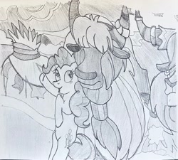 Size: 2836x2558 | Tagged: safe, artist:mlpfantealmintmoonrise, pinkie pie, prince rutherford, earth pony, yak, g4, atg 2024, hut, irl, monochrome, newbie artist training grounds, pencil drawing, photo, picture, snow, traditional art, unnamed character, unnamed yak