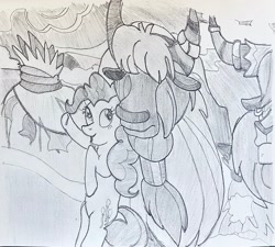 Size: 2836x2558 | Tagged: safe, artist:mlpfantealmintmoonrise, pinkie pie, prince rutherford, earth pony, yak, g4, atg 2024, hut, irl, monochrome, newbie artist training grounds, pencil drawing, photo, picture, snow, traditional art, yomiel