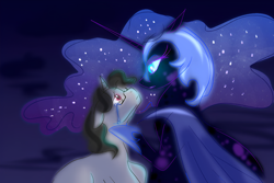 Size: 4380x2920 | Tagged: safe, artist:itsvoids, nightmare moon, oc, oc:quote quill, alicorn, pony, unicorn, g4, alternate universe, bat wings, blue background, blue eyes, blurry, colored pupils, concave belly, crying, digital art, duo, duo female, ethereal mane, fanfic art, female, flowing mane, glowing, glowing eyes, helmet, hoof shoes, horn, lesbian, looking at each other, looking at someone, looking down, looking up, mare, night, princess shoes, raised hoof, red eyes, sad, shipping, simple background, sparkles, spread wings, starry mane, stars, teary eyes, unicorn oc, wings