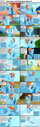 Size: 1282x4018 | Tagged: safe, edit, edited screencap, screencap, gilda, rainbow dash, griffon, pegasus, pony, comic:celestia's servant interview, fall weather friends, g4, griffon the brush off, may the best pet win, sonic rainboom (episode), the mysterious mare do well, blushing, caption, cloud, cs captions, cute, dashabetes, female, image macro, interview, looking at you, mare, raised hoof, screencap reference, squee, text